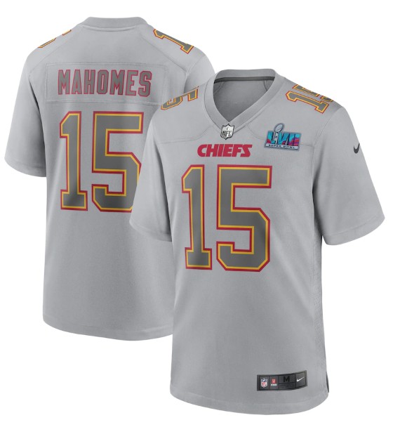 Men's Kansas City Chiefs #15 Patrick Mahomes Gray Super Bowl LVII Patch Atmosphere Fashion Stitched Game Jersey